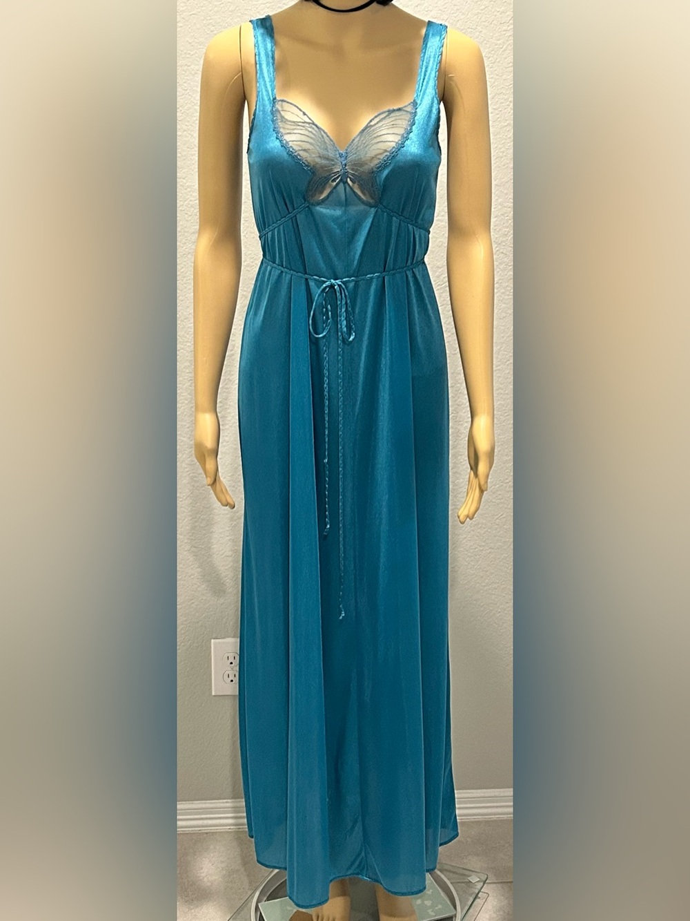 Teal Satin Maxi Chemise with Lace Butterfly bodice